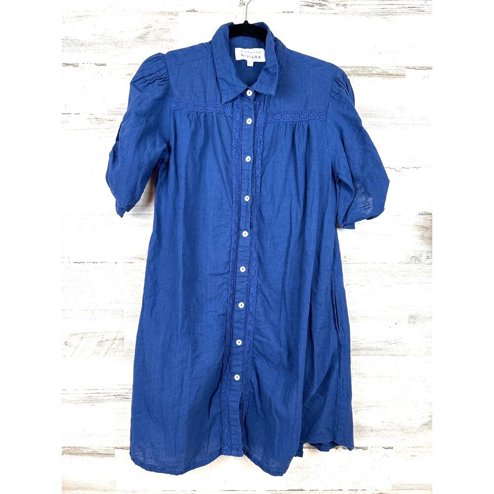 Margaux Riviera Womens L Blue Cotton Button Up Mini Dress Boho Cottagecore